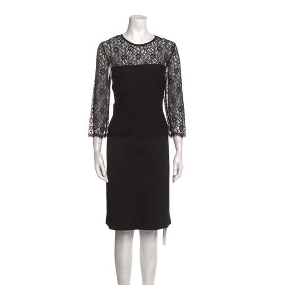 ST. JOHN black lace elegant 3/4 sleeve classic lbd crew neck scalloped dress - Picture 1 of 12